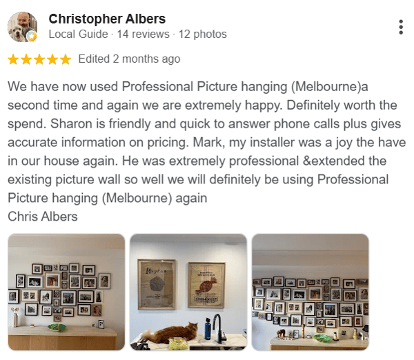 Christopher Albers — 5-star Google review with gallery wall photos