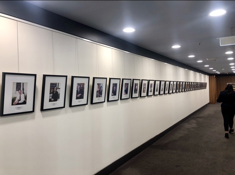 Corridor gallery wall with framed portraits on a rail system