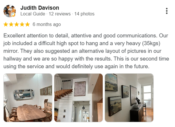 Judith Davison — 5-star Google review of Professional Picture Hanging