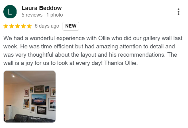 Laura Beddow — 5-star Google review with gallery wall photo